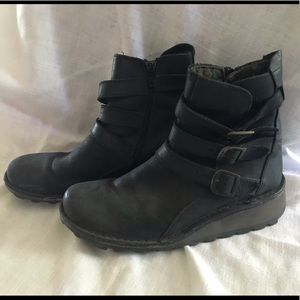 Fly London Black Leather Platform Buckle Boots